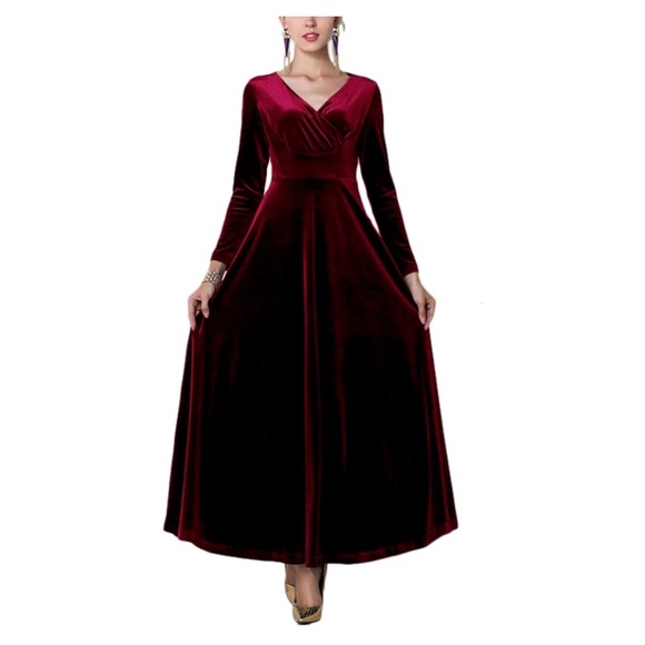 Urban Coco Wine Red Velvet Long Dress - Picture 2 of 5